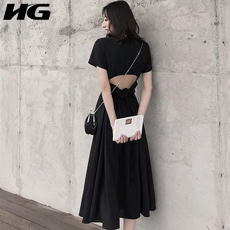 

[HG] Women 2019 Summer New Korea Fashion O-neck Short Sleeve Loose Dress Female Solid Color Hollow Out Mid-calf Dress ZQ1750