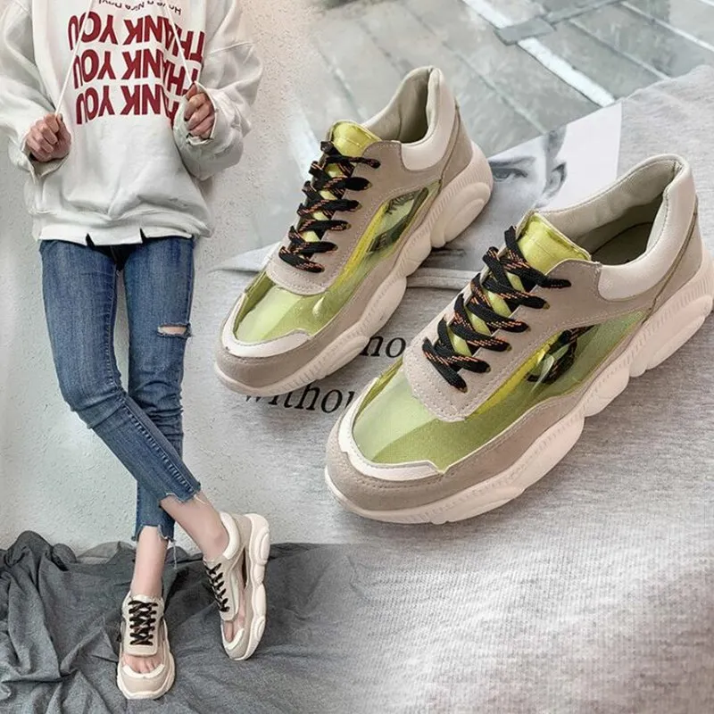 

New Spring Trend Women Transparent Sneakers Thick Sole Ladies Platform Jelly Shoes Lace-Up Casual Shoes White Trainer Footwear