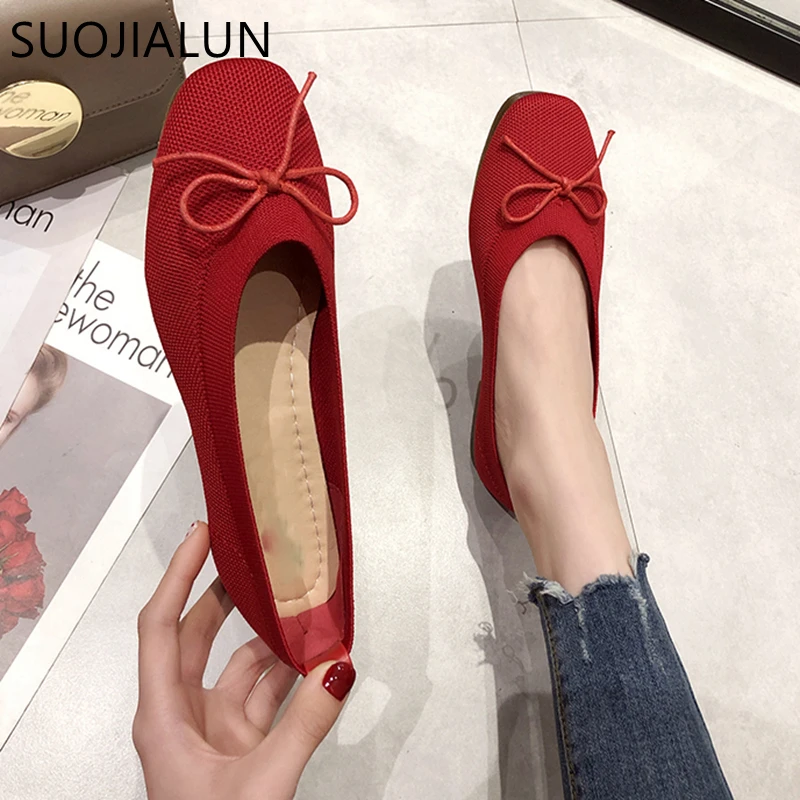 

SUOJIALUN 2019 Casual Flat Shoes For Women New Summer Breathable Comfortable Soft-soled Shoes Slip On Shallow Red Flat Women Sh