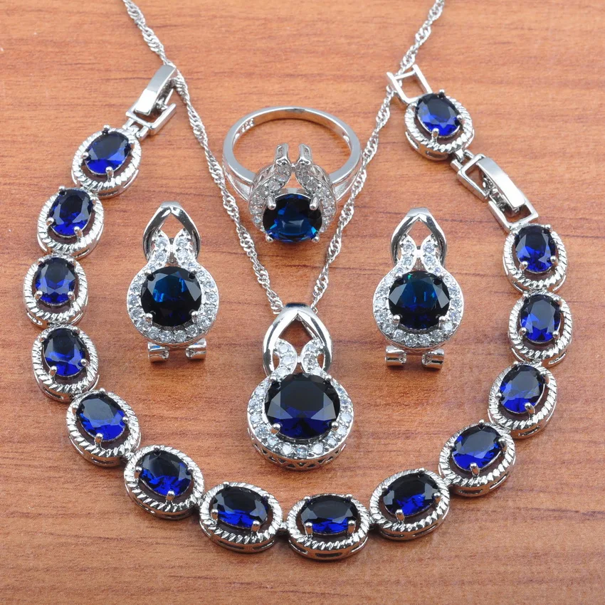 

2019 New Blue Zirconia Silver 925 Jewelry Sets Women Bridal jewelry Earrings Necklace Pendant Ring Bracelets JS0265