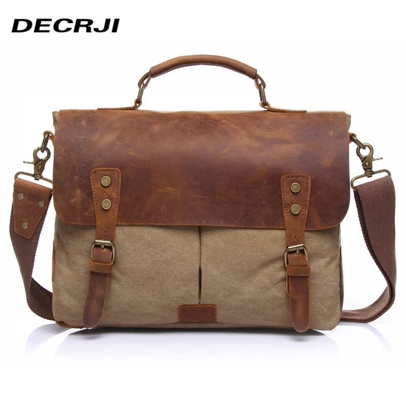 

DECRJI Vintage Men Canvas Laptop Shoulder Bags High Quality Crazy Horse Leather Soft Tote Travel Bags Male Crossbody School Bags