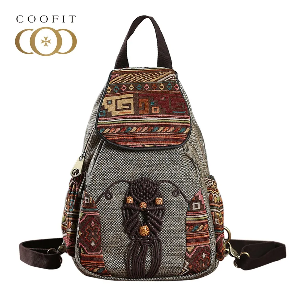 Coofit National Style Women Backpack Vintage Handmade Canvas Bagpack For Girls Travel Mini ...