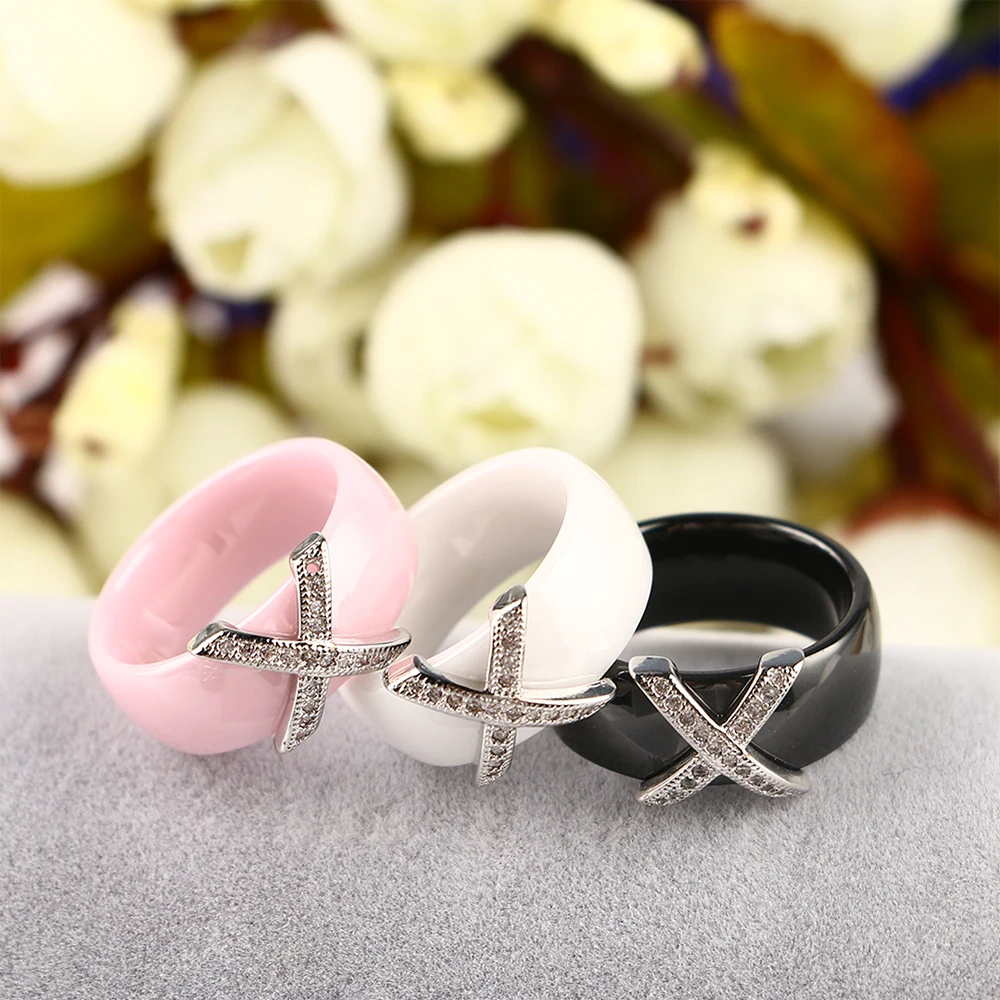 Модные ювелирные изделия Женское кольцо с AAA кристаллом 8 мм X Крест розовый черный белый керамические кольца для мужчин и женщин плюс большой размер обручальное кольцо