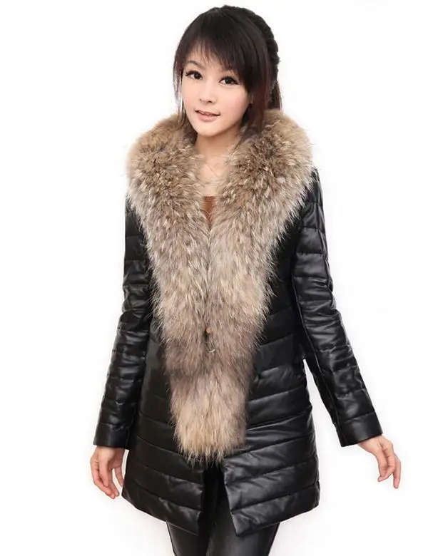 Новинка, большой воротник из меха енота, длинные лоскутные меховые куртки из искусственной кожи, повседневные кожаные пальто, большие размеры, женские кожаные пальто J1370