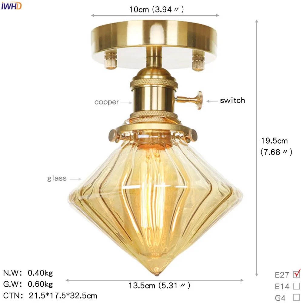 IWHD, скандинавский стеклянный шар, потолочный светильник, светодиодный, для гостиной, крыльца, домашнего освещения, винтажный медный потолочный светильник, плафон, Lampara Techo - Цвет корпуса: Copper