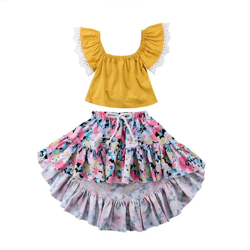 

CANIS 0-5Y Toddler Kids Baby Girl Summer Fshion Lace Off Shoulder fashion blouse +Floral Skirt Girls Clothes Outfits 2Pcs set