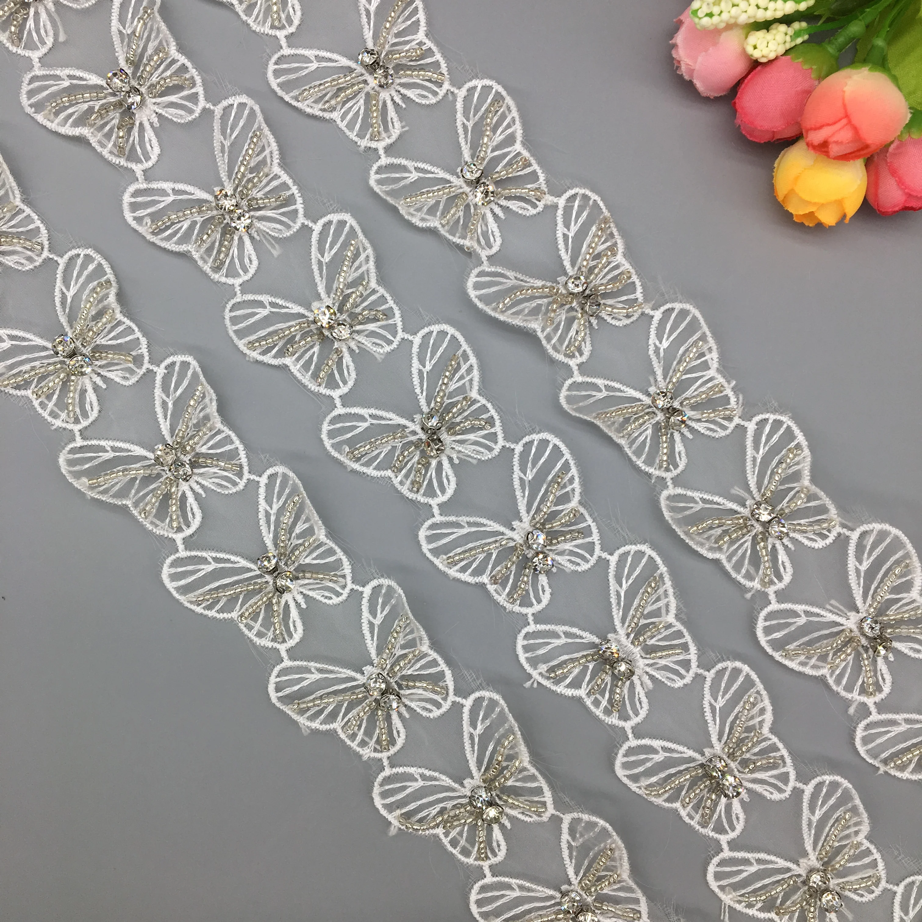 

20x Nigerian Lace Fabric Diamond Beaded Butterfly Lace Trim Embroidered Ribbon Sewing Craft DIY Wedding Dress Costume Material
