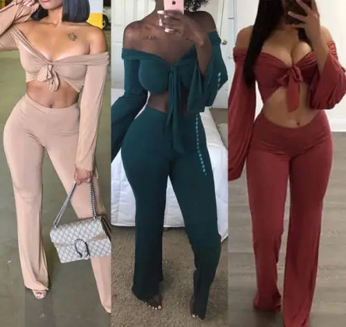 

2PCS Hirigin Sexy Women's Crop Top Slash Neck Long Sleeve Short Blouse+Loose Long Pant 3 Colors Set