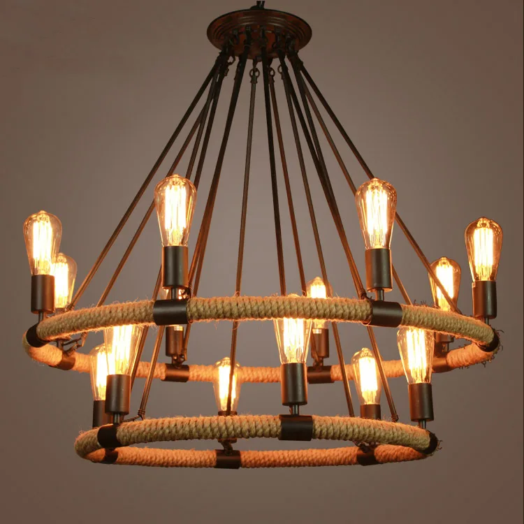 

American Country Style Retro Round Shape Wrought Iron Hemp Rope Pendant Light Hanging Lamp Suspension for Bar Cafe Restaurant