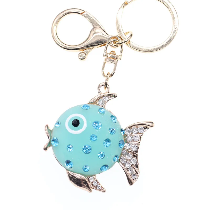 

Fashion Unisex lovely Rhinestones flatfish Pendant Keychain Alloy blue baby fish Clasp Key Ring Chain