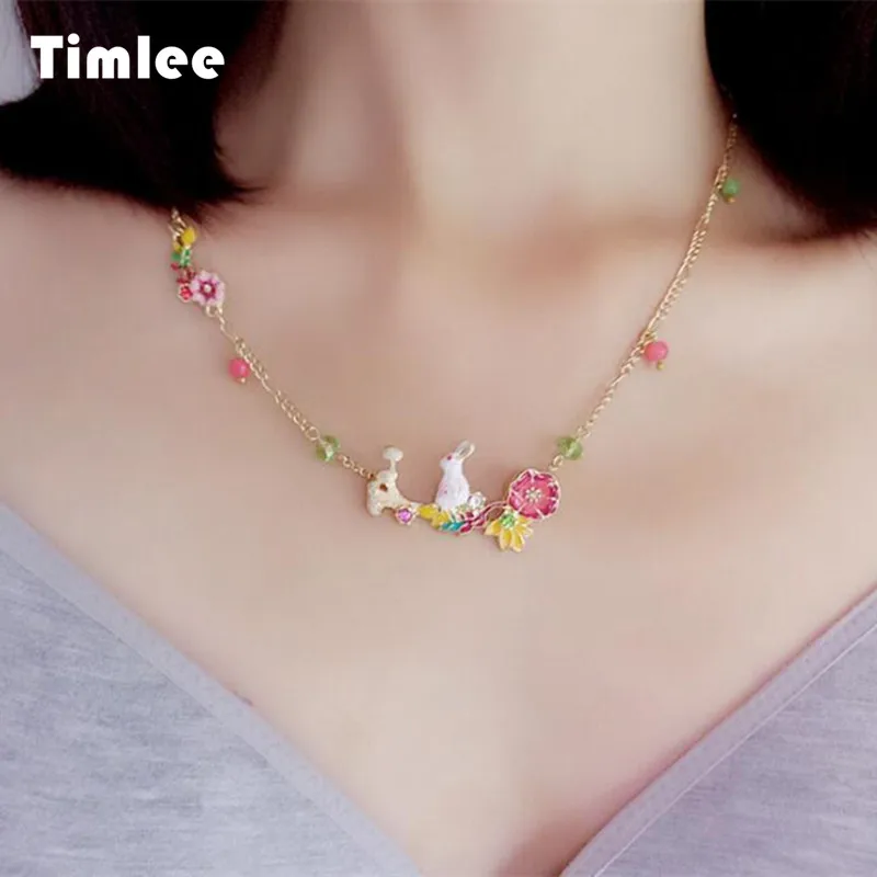 

Timlee N137 Cute Enamel Rabbit Necklace Flower Beautiful Pendant Necklaces Temperament Jewelry Wholesale