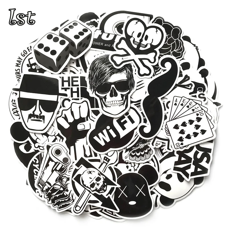 

LST 100pcs Random Black White Waterproof Stickers for Punk Anime JDM Kid DIY Luggage Laptop Skateboard Moto Bicycle Stickers