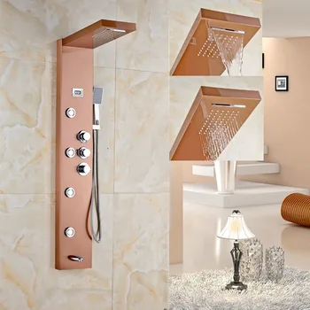

Luxury Rose Gold Finished Shower Faucet Wall Mounted Shower Panel Thermostat Control Shower Mixer Tap