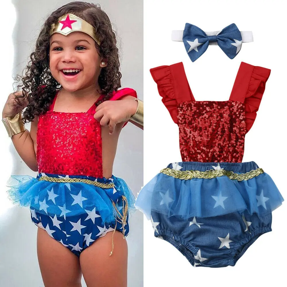 

0-3Y Infant Kids Baby Girl 4th of July Sequin Jumpsuits Sleeveless Belt Tutu Bodysuits Headband 2PCS Outfits