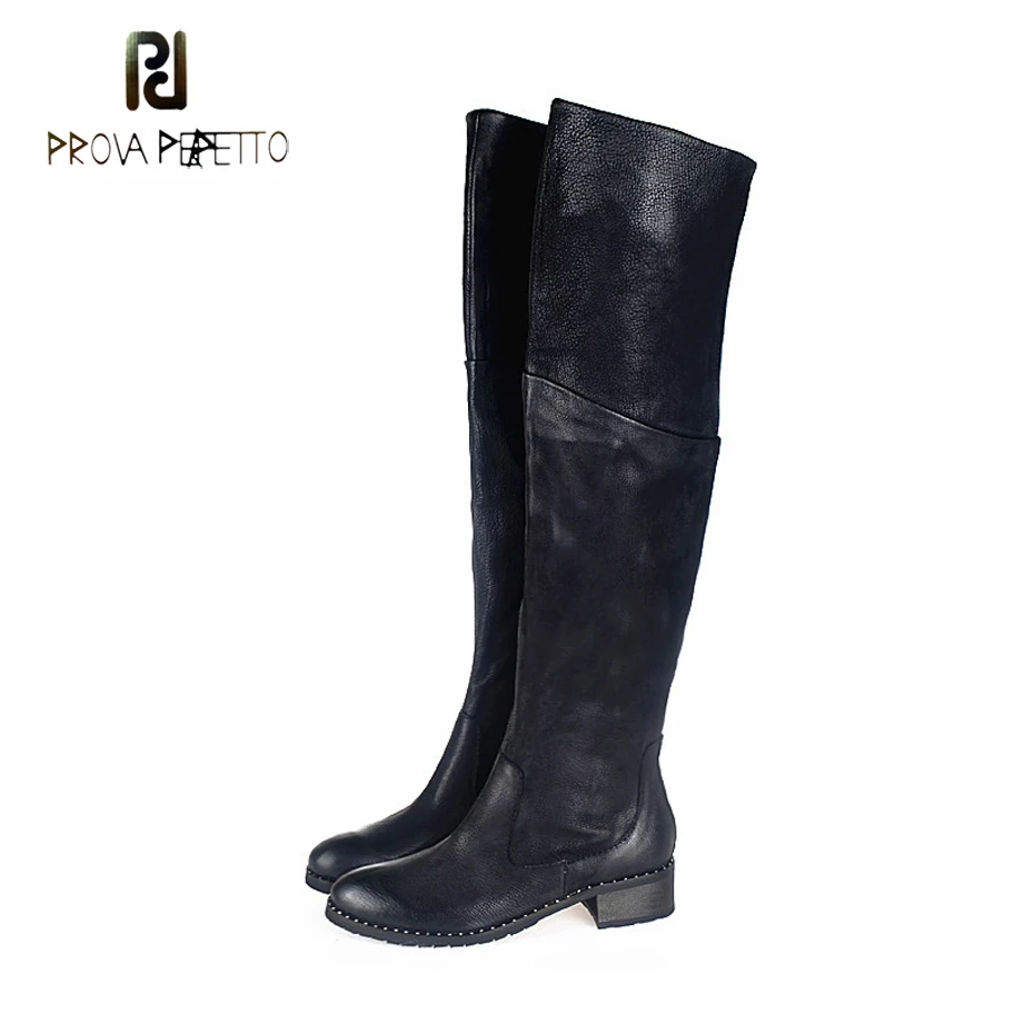 

Prova Perfetto Fashion Round Toe Thick Bottom Winter Shoes Women Thigh High Boots Genuine Leather Rivet Beading Motorcycle Boots