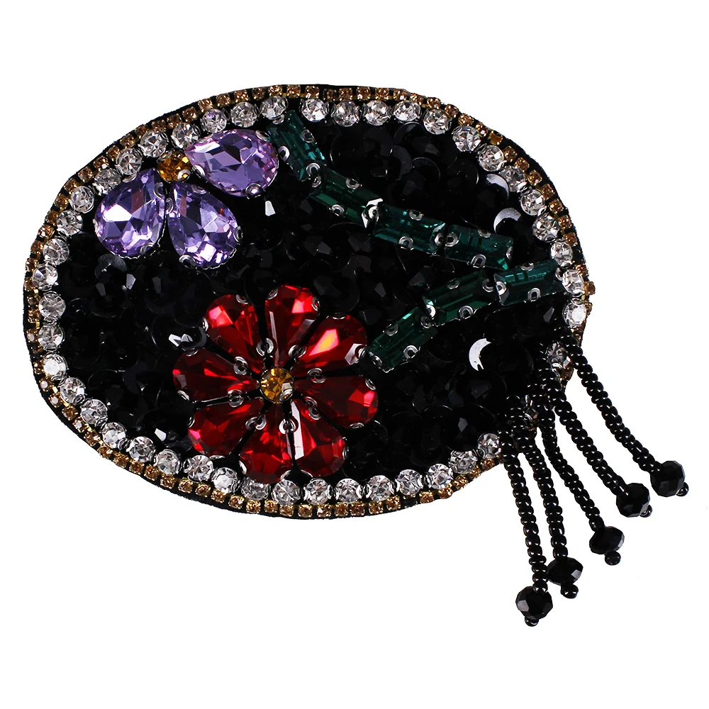 2pieces DIY Floral Oval Applique Fringe Tassel Beads Patches for Bags