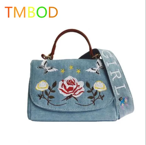 

TMBOD 2017 new tide embroidered flowers small bread denim handbags han edition joker single shoulder bag D09