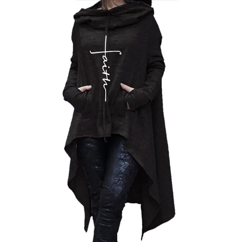 

2019 Fall Gothic Plus Size Black Casual Women Long Hoodies Loose Hooded Pocket Print Gray Tops Office Ladies Female Sweatshirts