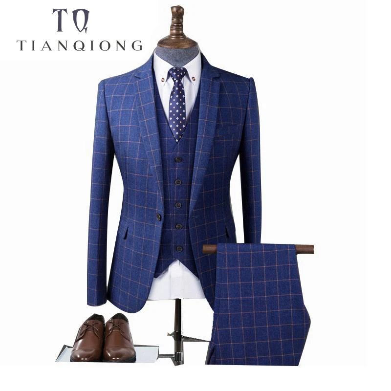 

TIAN QIONG Men Blue Plaid Tailor-made Suits for Wedding Business Tuxedo Suit Costume Homme Slim Burgundy Groom Suit Men 3 Piece