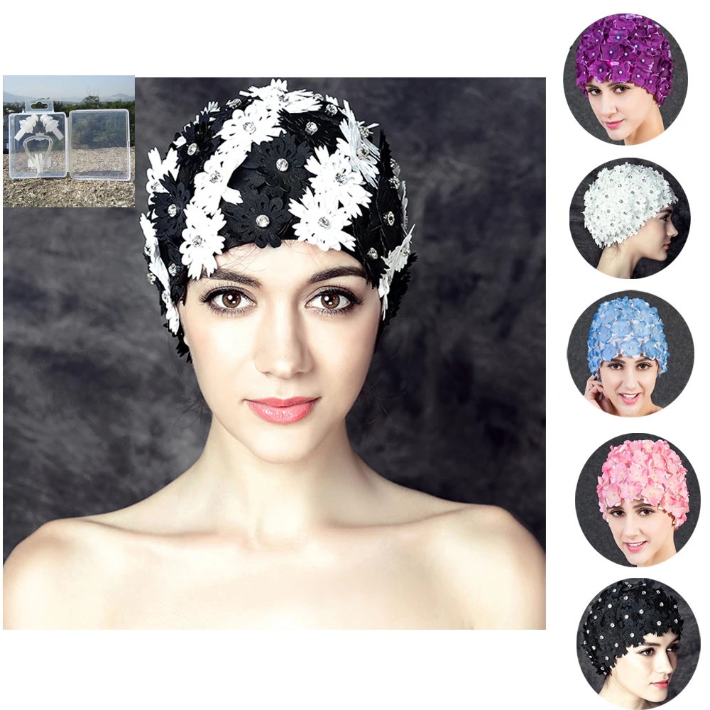 2016 Sports High Quality Women Floral Print Pearl Diamond Swimming Cap