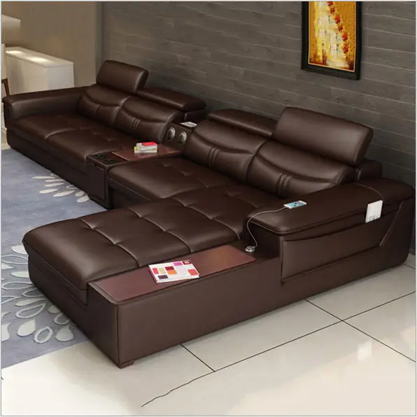 Living Room Sofa set furniture real genuine cow leather sofas bluetooth puff asiento muebles de sala canape L shape sofa cama