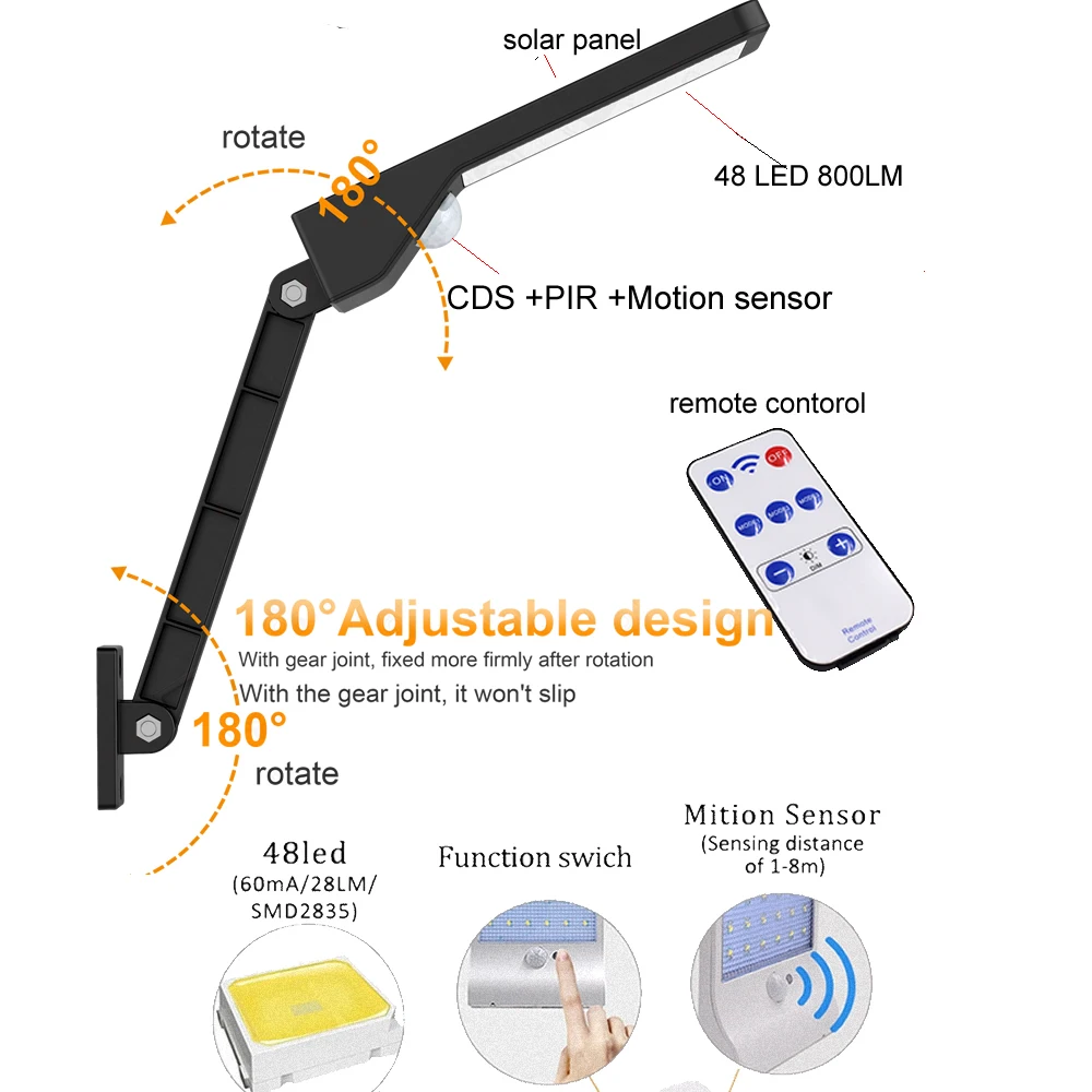 48 Светодиодный 800 лм Уличный настенный светильник на солнечной энергии с датчиком движения PIR, для безопасности сада, водонепроницаемый, с дистанционным управлением, для гаража w