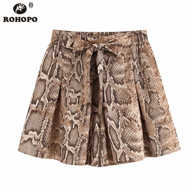 

ROHOPO Khaki Women Snakeskin Shorts Skirt Tie Sashes Flared Hem Pleated Above Knee Buttom Girl Wide Leg Shorts #OYK9747
