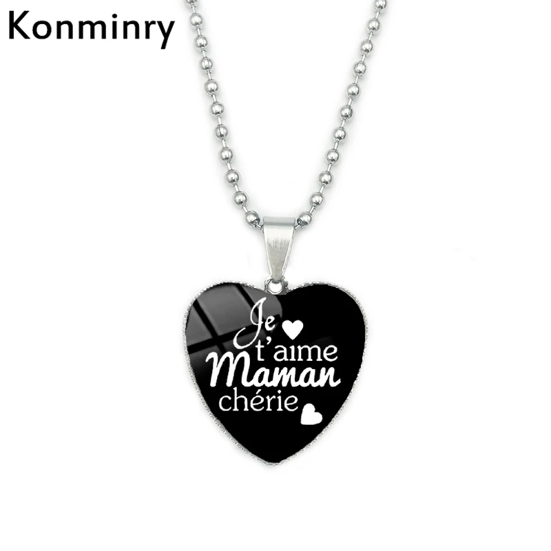 

Konminry Heart Shape Necklaces Best Mom I Love You French Glass Dome Pendant Silver Beads Necklace For Women Mother Day Gift