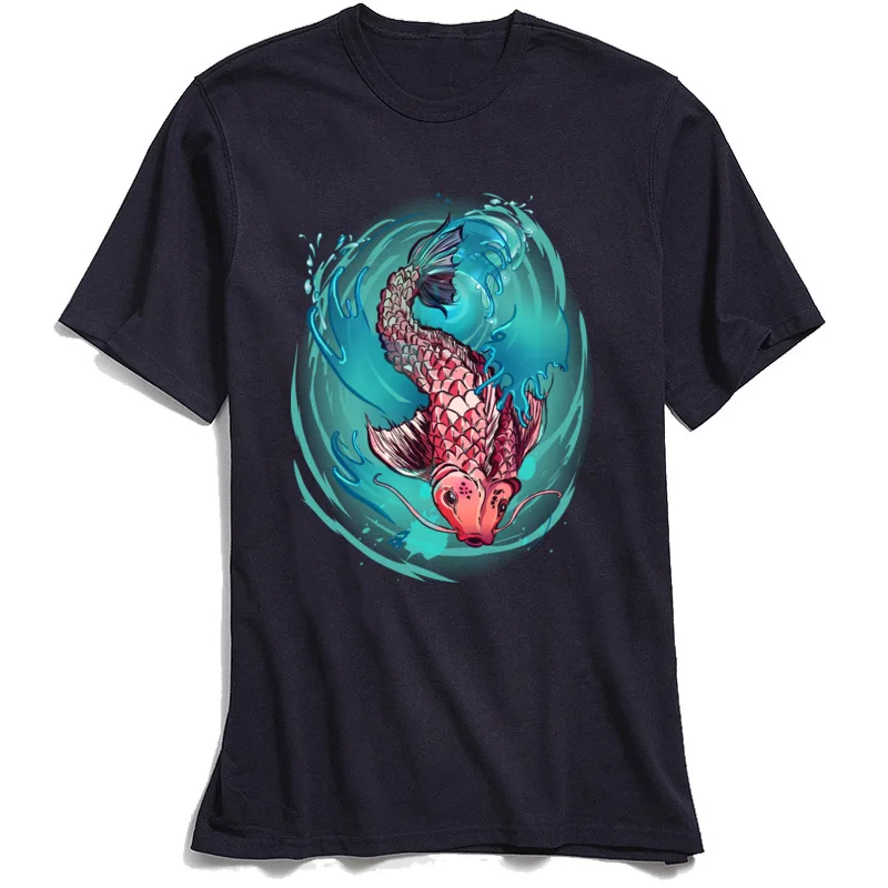 Koi Fish Splash Crewneck T Shirts Thanksgiving Day Tops T Shirt Short Sleeve Funny 100% Cotton Funny Tees cosie Men's Koi Fish Splash navy