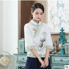 Китайский стиль Улучшенный костюм Тан рубашка женская семиточечная рукав Летняя стоячий воротник принт переделанная рубашка женская