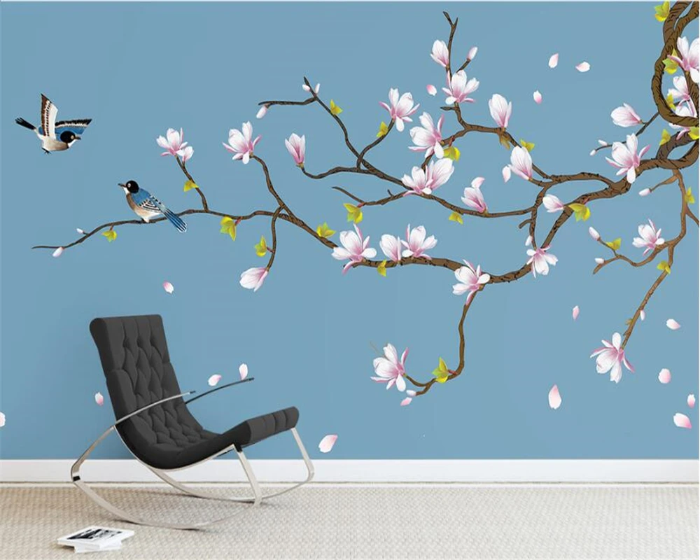beibehang High decorative painting papel de parede 3d wallpaper Magnolia hand-painted flowers and birds new Chinese background