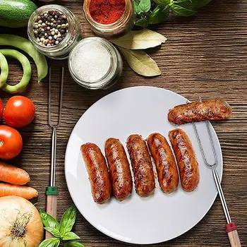 

BBQ Fork U Shape Stainless steel barbecue fork Outdoor Retractable Wooden Handle Telescopic Skewer Barbecue Cooking grill bar