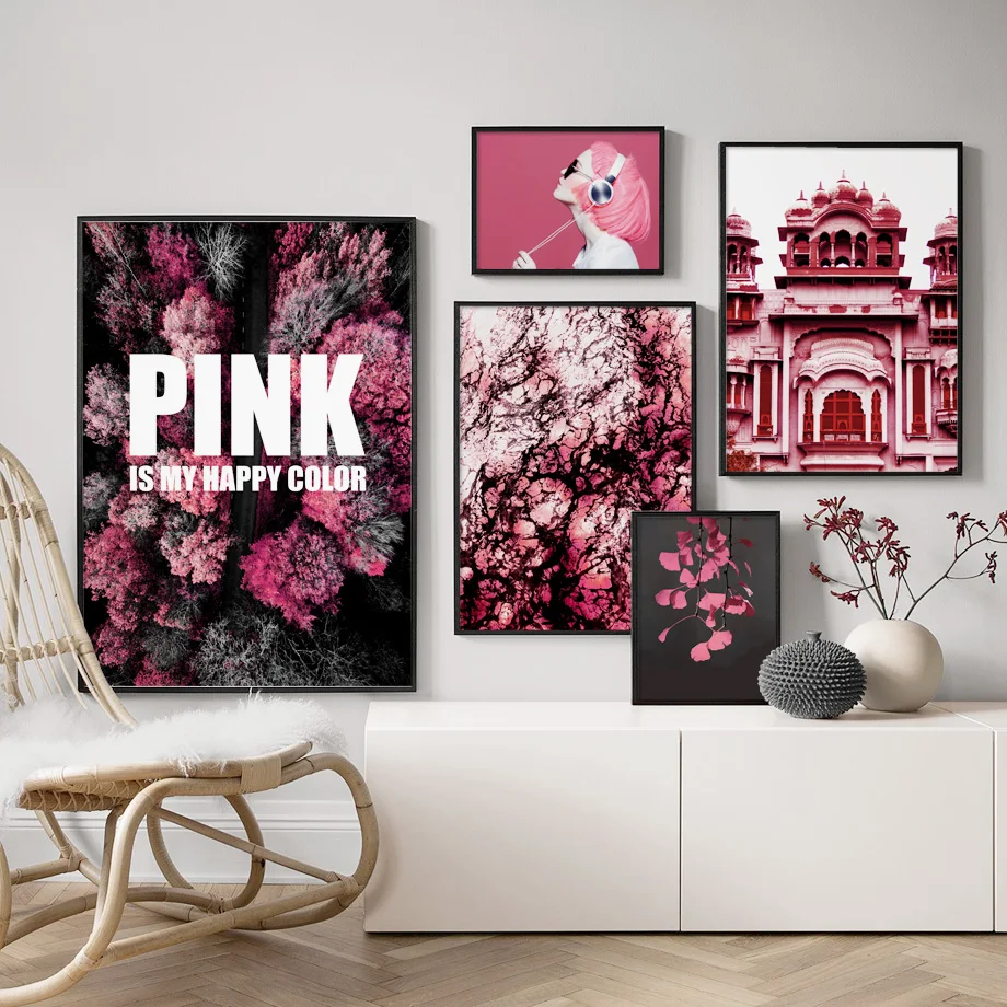 

Pink Fashion Music Girl Plant Temple Wall Art Canvas Painting Nordic Posters And Prints Wall Pictures For Living Room Home Decor