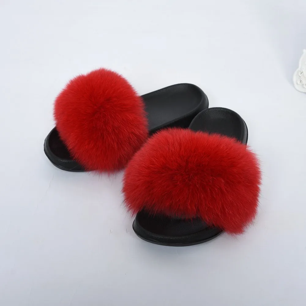 Fluffy Slippers Real Fox Fur Slides Indoor Flip Flops Casual High Recommend Raccoon Fur Sandals Vogue Plush Shoes - Color: wine red