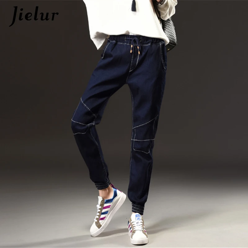 Winter Autumn New Fashion Simple Jeans Woman Elastic Waist Dark Blue Plus Size Jeans Female Pockets Leisure Casual Harem Pants