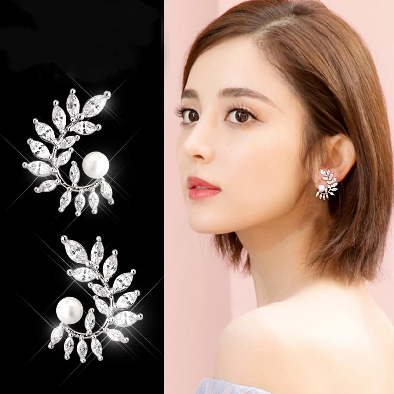 

New Arrivals Zirconia Leaves Pearl 925 Sterling Silver Stud Earrings For Women Jewelry Pendientes Brincos Free Shipping