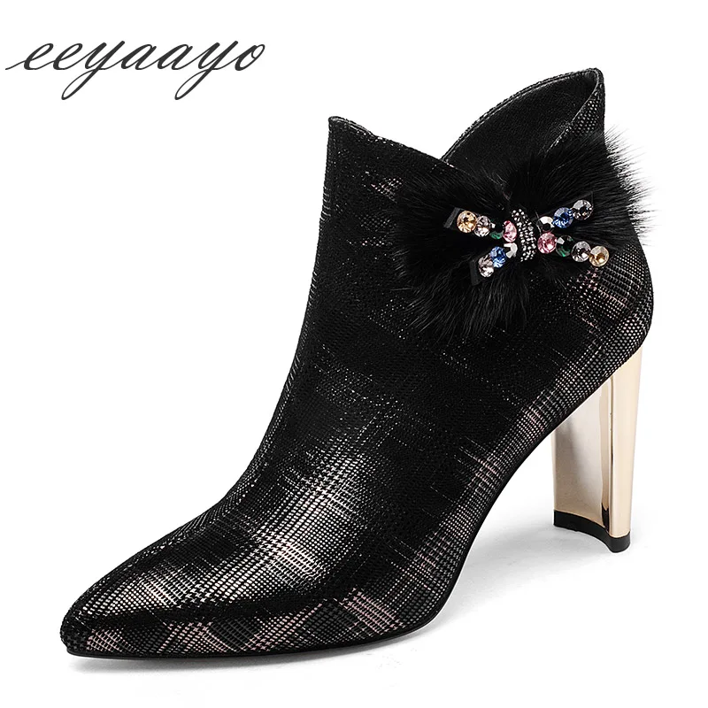 

2018 New Winter Women Ankle Boots Marten Hair High Heel Pointed Toe Zipper Fashion Sexy Women Kid Suede Shoes Black Short Boots