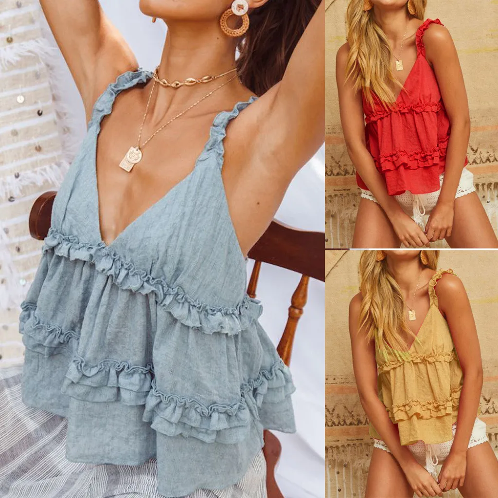 

Fashion Women Solid V-Neck Sleeveless Overlap Ruched Linen Casual Camis Top cropped women clothes 2019 topic summer top mujer