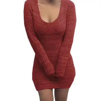 

Winter Sexy Women U Neck Long Sleeve Bodycon Solid Color Mini Sweater Dress new