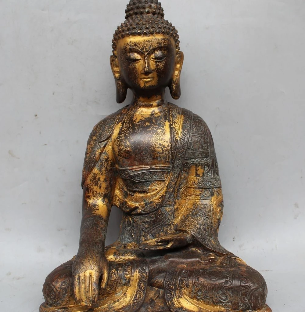 

15" Old Tibet Buddhism Bronze Gild 8 treasure Shakyamuni Amitabha Buddha Statue