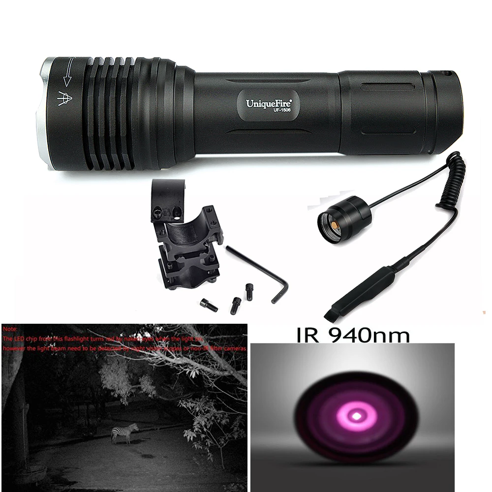 

LED Flashlight Uniquefire 1506 IR 940NM 3 Modes Infrared Flashlight Torch(Aluminum Alloy Body)+Scope Mount+Remote Pressure