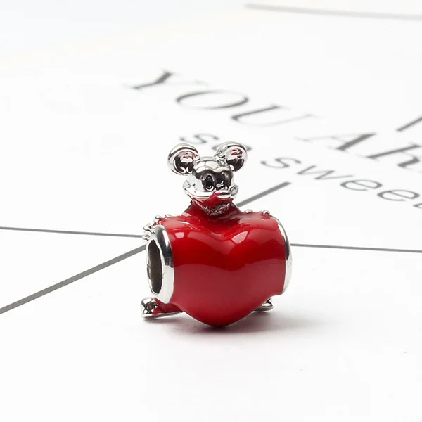 

High Quality Red Color Enamel Mickey Mouse Love Hearts Beads Charms Fit Pandora Bracelets Necklaces for Women Simple Style DIY