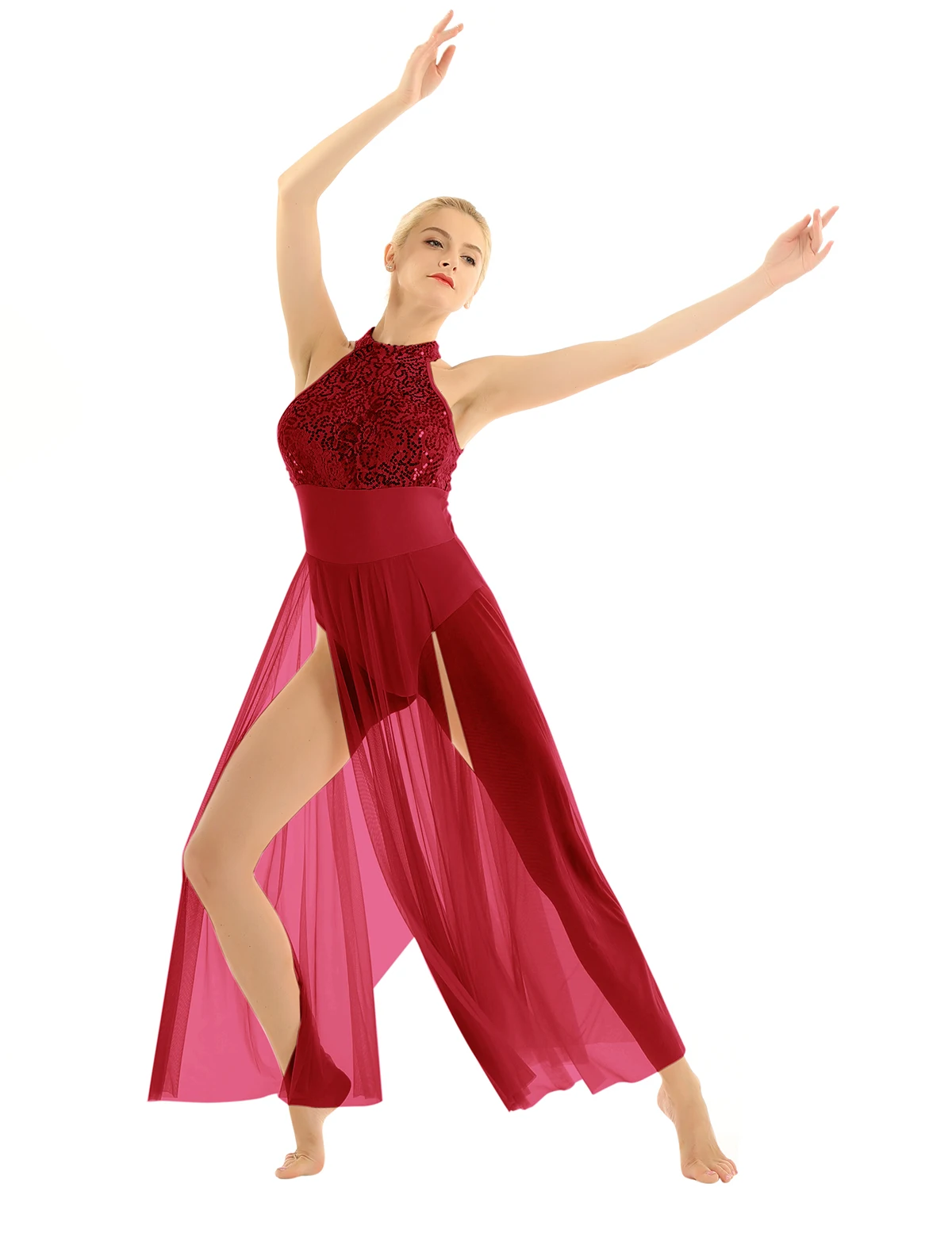 Балетное платье для взрослых; балерина; танцевальный костюм с блестками; сетчатый Макси-костюм для лирического танца со встроенным трико; танцевальное платье с лямкой на шее без рукавов