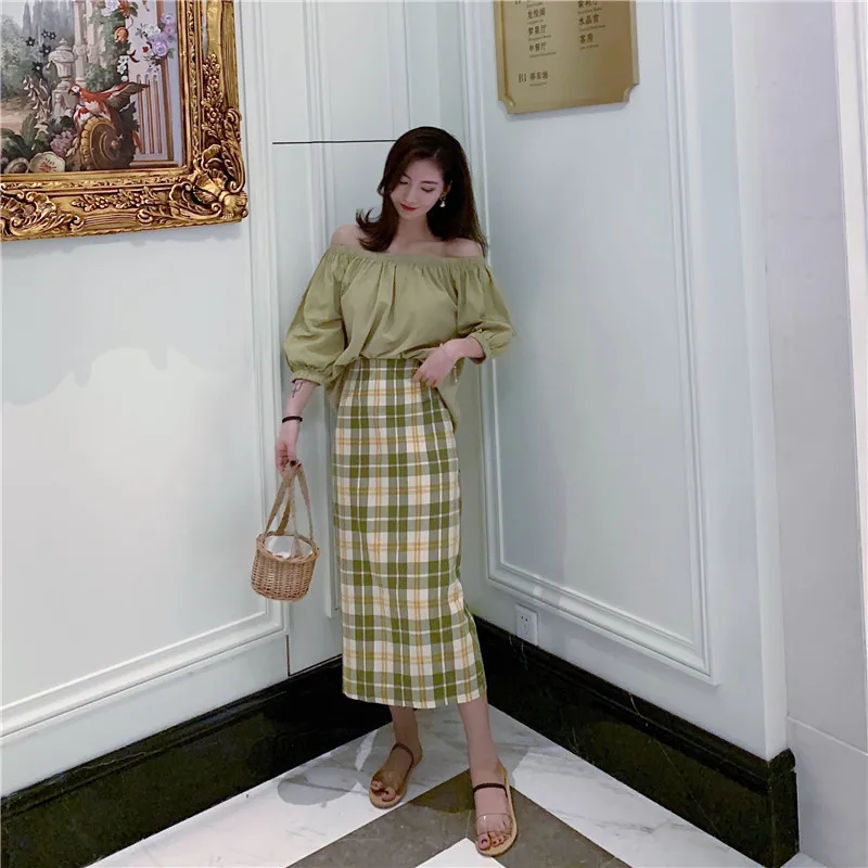 

Avocado Green Two Piece Women Sets Loose Off Shoulder Shirt Sheath Plaid Skirt Sets Literary Janpanese Women Clothing 2 Pieces