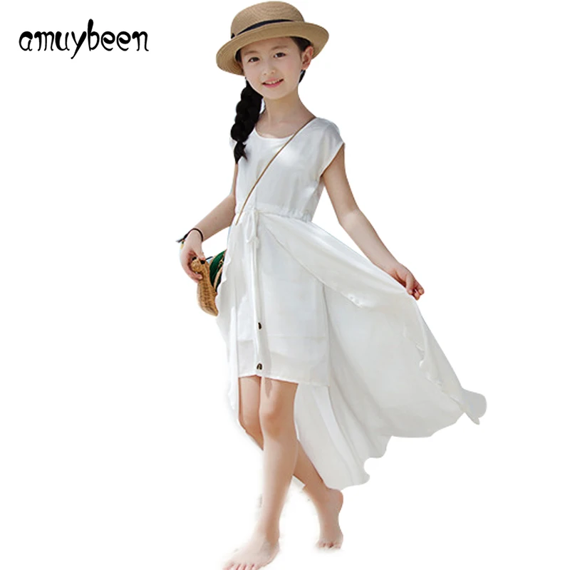 

Amuybeen New 2017 Summer Girls Beach Dress Kids Clothes for Girls Fashion Chiffon Solid Children Blue White Clothes Vestidos