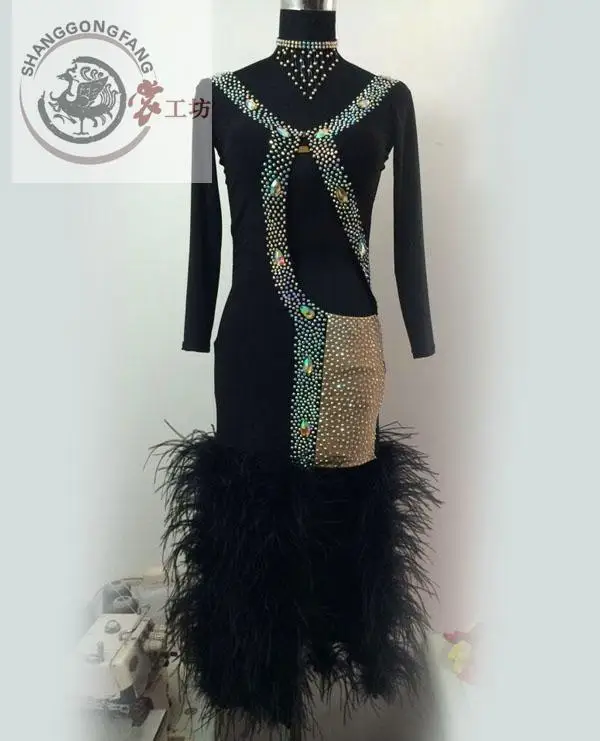 

New Latin dance costumes senior sexy long sleeves feather latin dance dresses for women latin dance competition dresses S-4XL