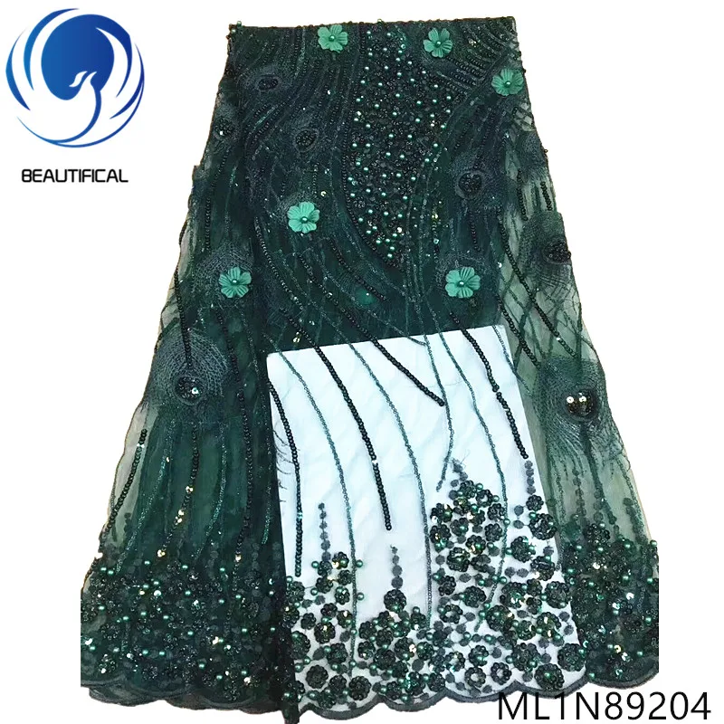

Beautifical nigerian lace fabrics embroidery beads net lace with sequins Latest style 3d flowers lace fabric 5yards/lot ML1N892