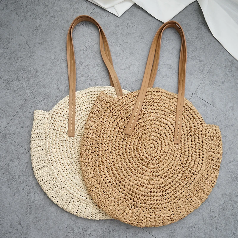 

Round Straw Beach bags Vintage Handmade Woven Shoulder bags Raffia circle Rattan bagss Bohemian Summer Vacation Casual bagss