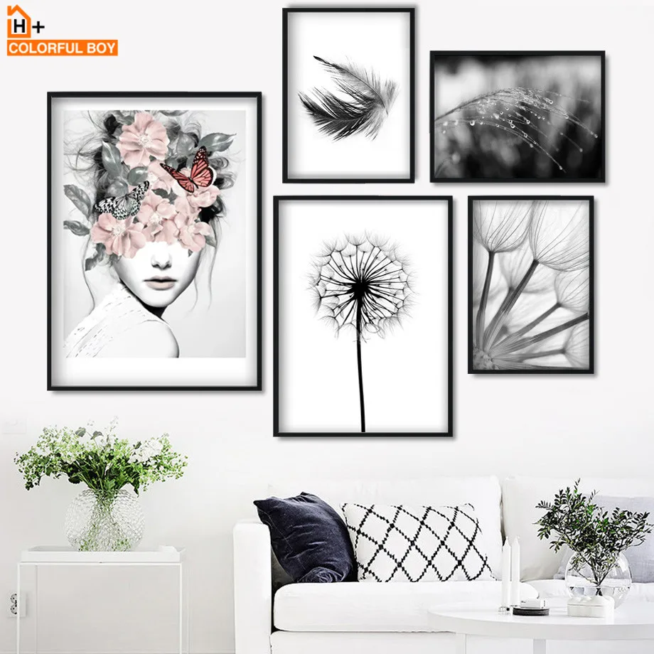 

Flower Girl Dandelion Feather Landscape Wall Art Canvas Painting Nordic Posters And Prints Wall Pictures For Living Room Decor