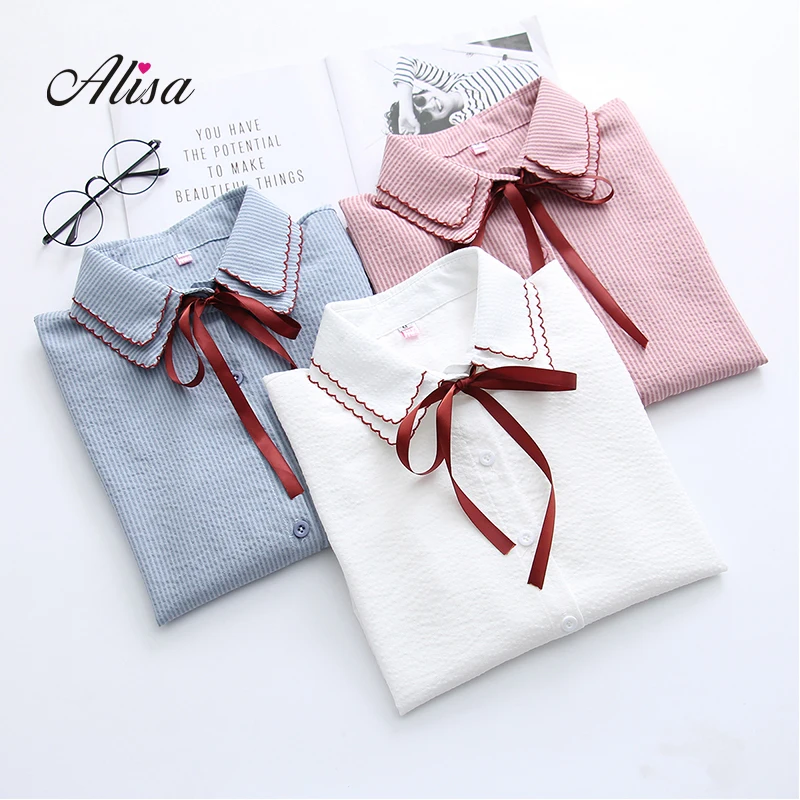 2018 Con Blusa Casual Otoño 3 Calcetines Nuevas Larga 2 Doble Capa Gasa Mujeres Moda Manga Arco 1 De Rayas qxItwY